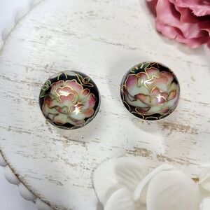 Vintage Cloisonne Floral Button Clip-on Earrings .75" Pink Black Oversized